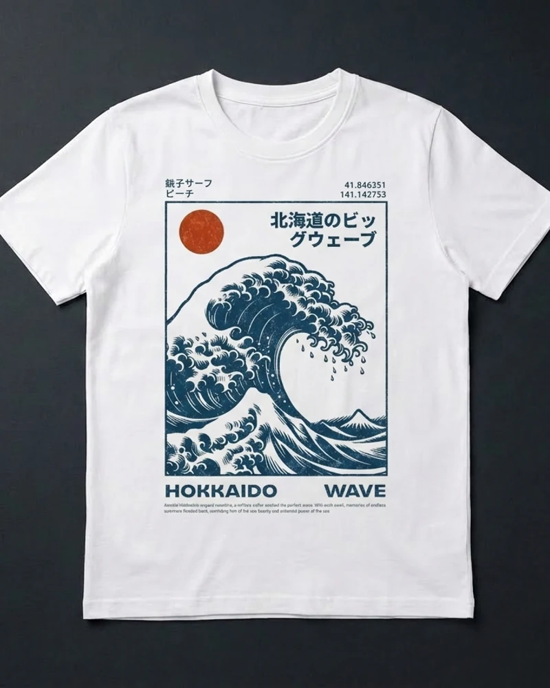 Camiseta blanca con el diseño Hokkaido Wave estampado, de Thor Prints